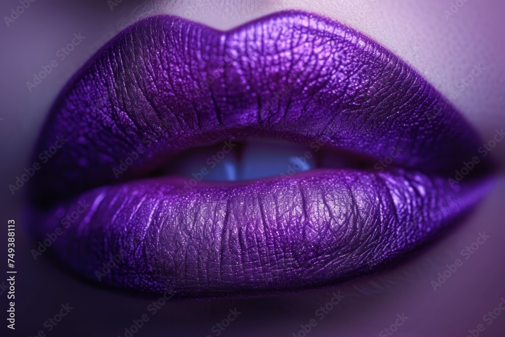 Fototapeta premium Close-up of woman's lips with violet glossy lipstick. Half-open mouth of beautiful female model expresses sensuality and sexuality. Cosmetology or fashion makeup concept. Toned image.