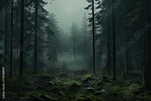 a cloudy forest in the fog