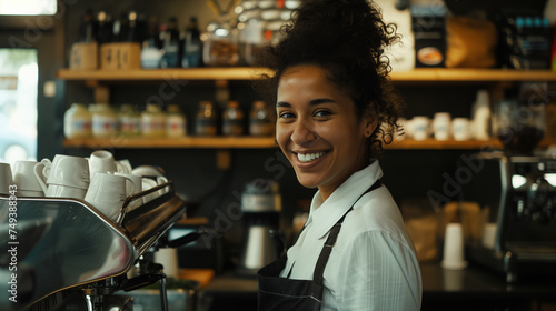Happy black african american female barista working in a coffee shop during inflation and financial crisis. 