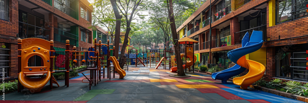 A fun outdoor play area in a residential complex filled with colorful equipment for children's entertainment. - obrazy, fototapety, plakaty 