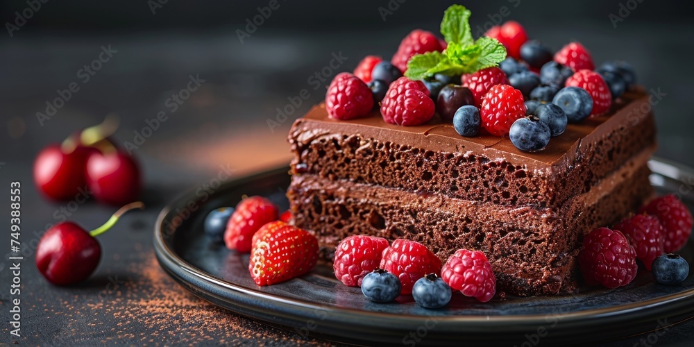 A delicious chocolate cake topped with fresh raspberries makes the perfect dessert. A delicious chocolate cake topped with fresh raspberries makes the perfect dessert.