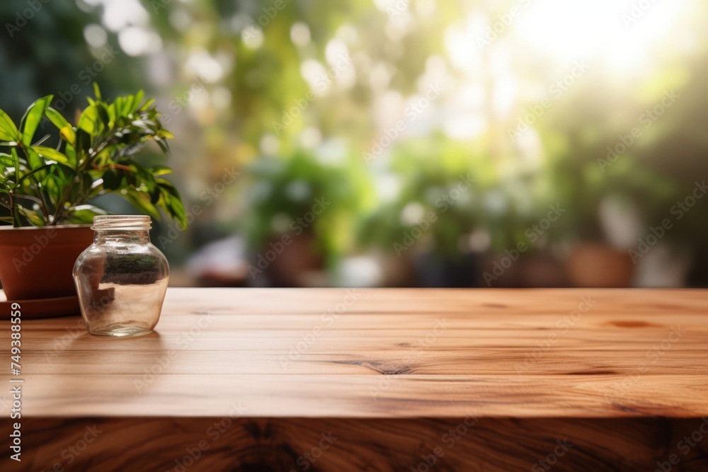 Fototapeta premium Wooden Tabletop with Soft Focus on Potted Plant and Clear Jar in Sunny Ambience