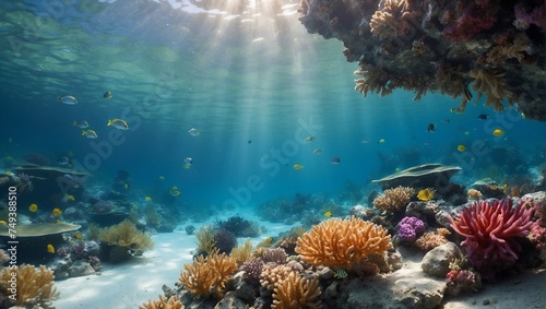 Underwater coral reef glowing under the sun's rays
