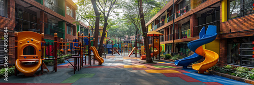 A fun outdoor play area in a residential complex filled with colorful equipment for children's entertainment.