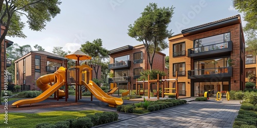 A modern urban residential complex with a children's playground, combining modern architecture with lush greenery.