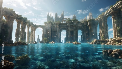 Illustration of the underwater sunken Atlantis civilization remains