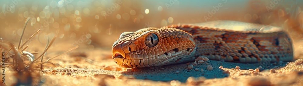 Obraz premium Dreamy Desert Encounter. Macro Closeup of Snake Scales Captivating Bokeh Photography Captures the Charm and Danger of Wildlife Reptiles in Their Natural Habitat