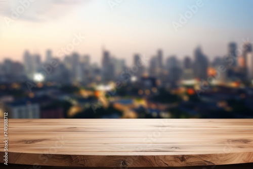 Wooden Tabletop with Potted Plants Against Blurred Cityscape Background