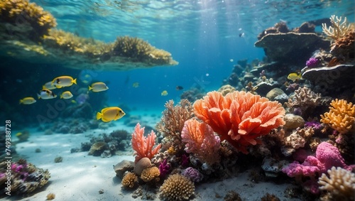 Beautiful coral reef scene illuminated by sunlight underwater