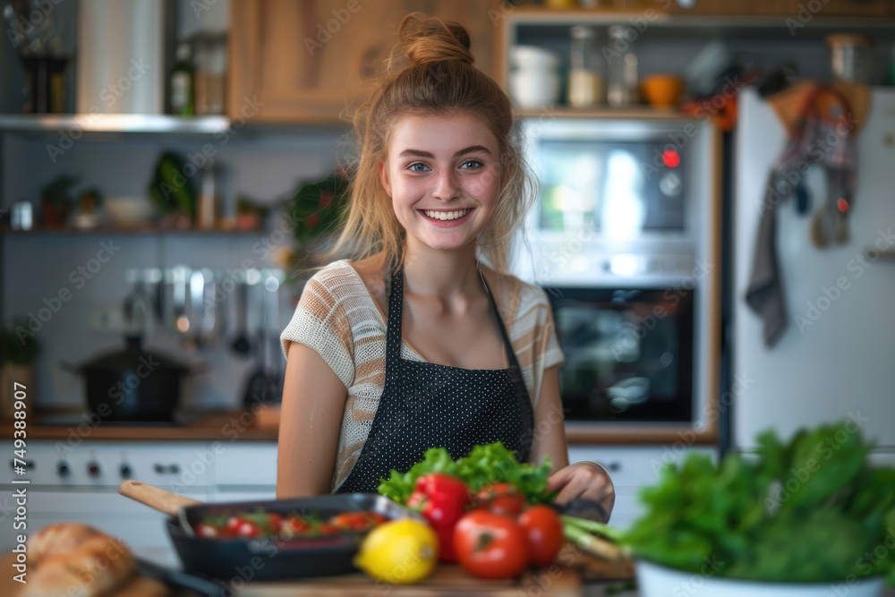 smiling young woman on kitchen counter with vegetables preparing delicious food