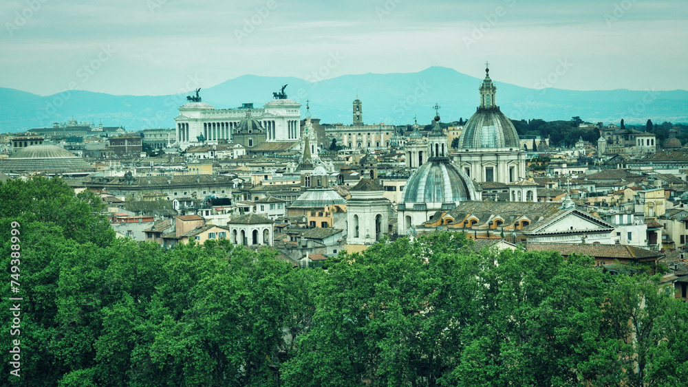 View of the city of Rome from above, from the hill of Terrazza del Pincio. Italy