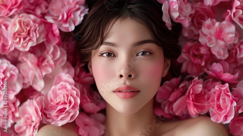 A beautiful young woman with clean and fresh skin and pink flowers, a girl facial treatment at a beauty and spa, a gorgeous asian woman laying on pink flowers, beauty concept © M