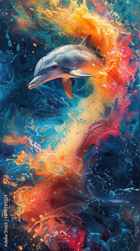 Colorful Underwater. Abstract Dolphin Dance Amidst Vibrant Hues Capturing the Beauty and Grace of Marine Life in a Spectacular Display