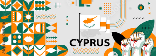 Cyprus national or independence day banner for country celebration. Cyprus Flag map with raised fists. Modern retro design with typorgaphy abstract geometric icons. Vector illustration	 photo