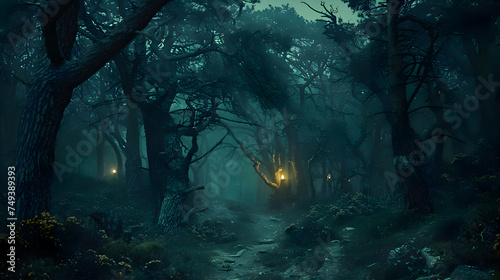 Misty mistery forest cinematic photo. High quality