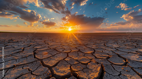 A parched desert landscape showcasing the sun-baked, cracked earth under a clear sky, highlighting the effects of drought and environmental changes