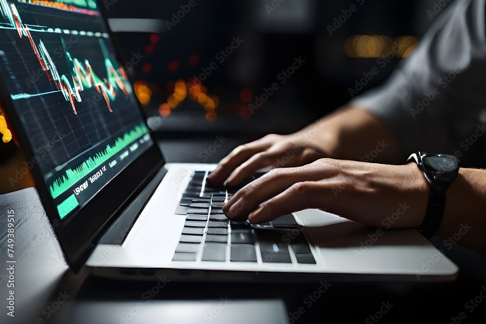 A person working on a laptop with a coffee cup and a phone on the table, The laptop screen shows a stock market chart with red and green lines and a table of data below it. Generated AI A person working on a laptop with a coffee cup and a phone on the table, The laptop screen shows a stock market chart with red and green lines and a table of data below it. Generated AI