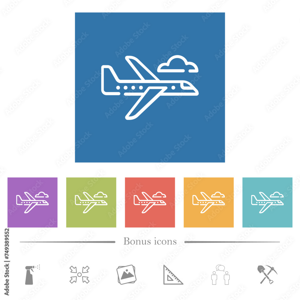 Flying aeroplane outline flat white icons in square backgrounds