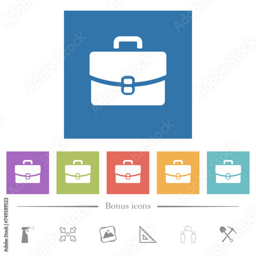 Briefcase solid flat white icons in square backgrounds
