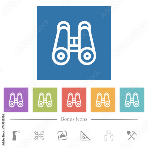 Binoculars outline flat white icons in square backgrounds
