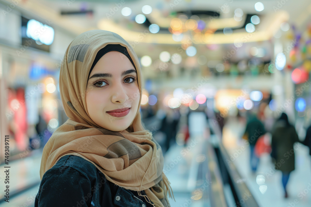 Beautiful young muslim woman with hijab at shopping mall