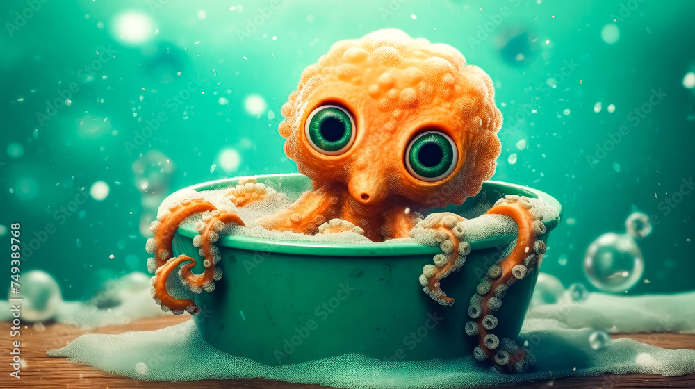 A charming small octopus enjoys a bubble bath A charming small octopus enjoys a bubble bath