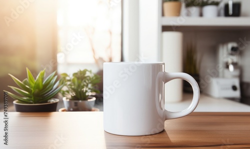 a blank ceramic mug on a cozy kitchen counter