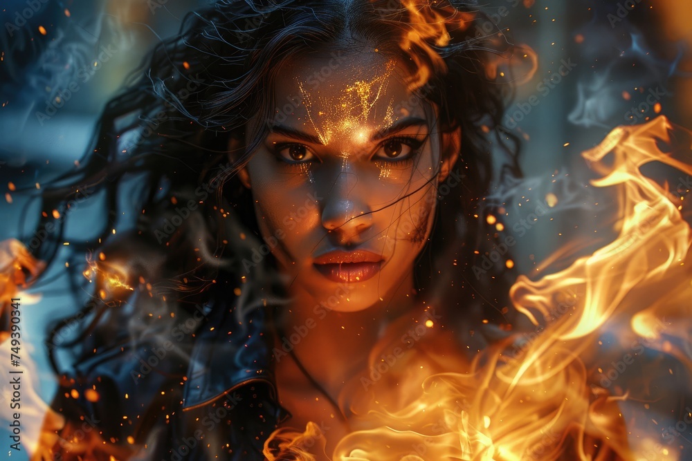 Gorgeous photo of a warlock chick with black power, setting the place on fire. Generative Ai