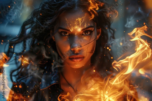 Gorgeous photo of a warlock chick with black power, setting the place on fire. Generative Ai