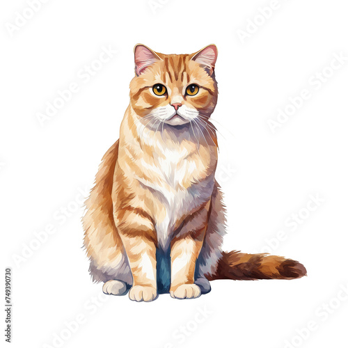 Scottish fold cat sitting watercolor illustration clipart, cute cat breed