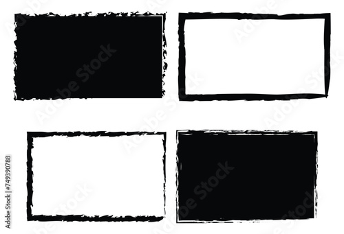 Grunge frames isolated vector black rectangular borders with rough scratched edges. Grungy vintage old texture, dirty spatter vignettes, retro design elements on white background set. EPS file 41.