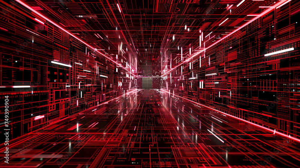 Futuristic Red Data Center Corridor With Glowing Lights