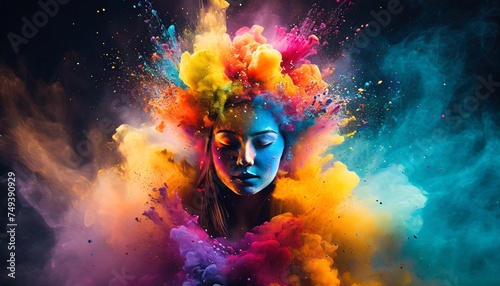 face of a woman in a colorful explosion of smoke