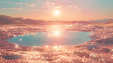A golden glitter desert scene with a pond of water reflecting the sun above.