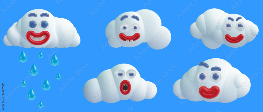 Set cartoon clouds with funny faces in bright 3d realistic style. Collection creative cute weather character. Vector illustration. Set cartoon clouds with funny faces in bright 3d realistic style. Collection creative cute weather character. Vector illustration.