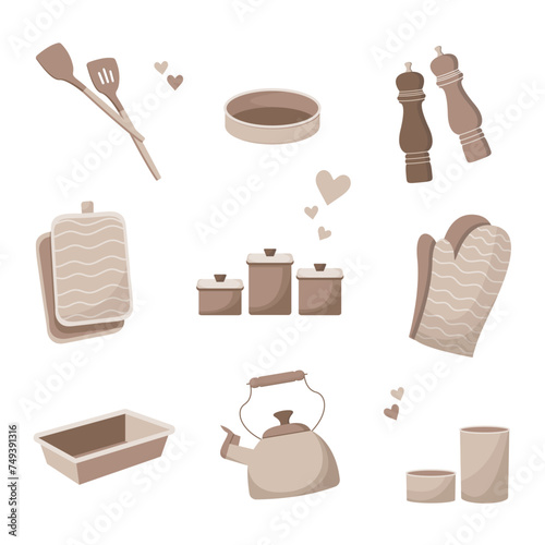 Kitchen dining elements set. Cute and beautiful dishes. Kitchenware.