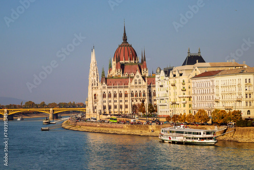 Budapest Landmarks Of Hungarian Parliament Orszaghaz Building Danube River in Cityscape © ungvar