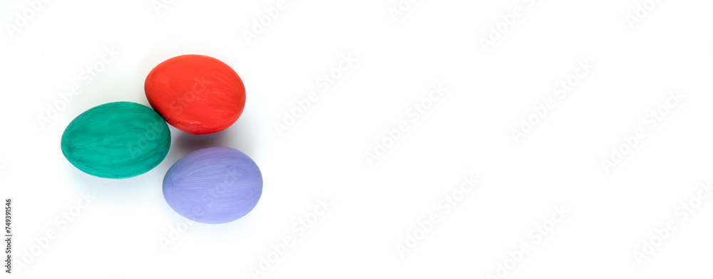 Happy Easter card. Colorful shiny easter eggs on isolated white background. Copy space for text. Banner Happy Easter card. Colorful shiny easter eggs on isolated white background. Copy space for text. Banner