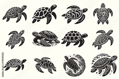 Sea turtle Silhouette Vector Illustration Set photo