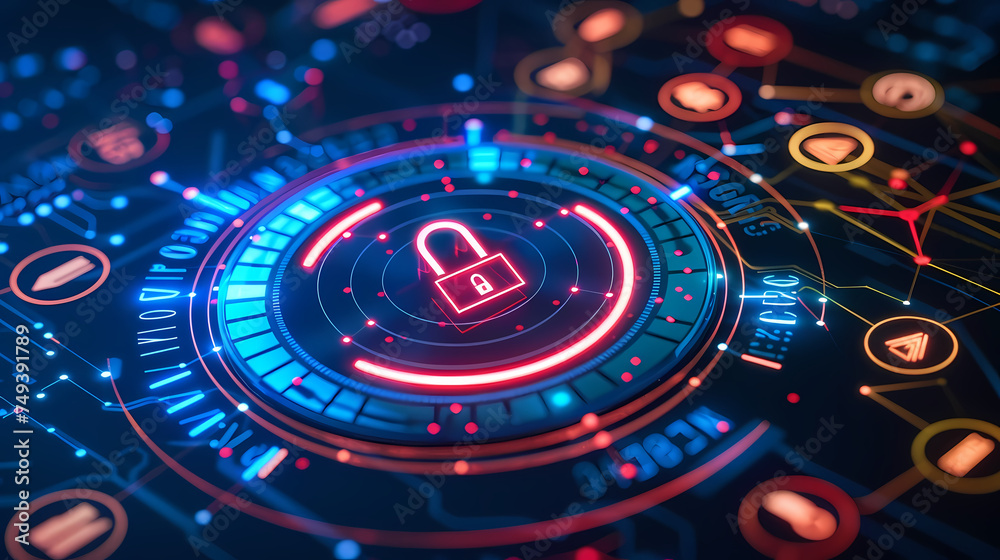 Close Up of Secure Circular Device With Lock Symbol, Cybersecurity concept Close Up of Secure Circular Device With Lock Symbol, Cybersecurity concept