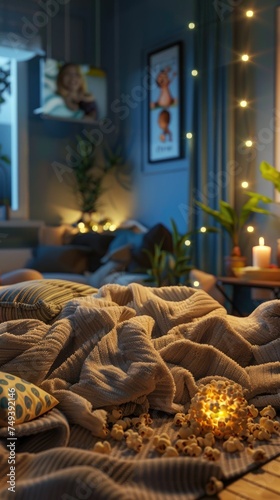 Warmly lit cozy room with blankets  popcorn  and decorative lights  inviting and comfortable