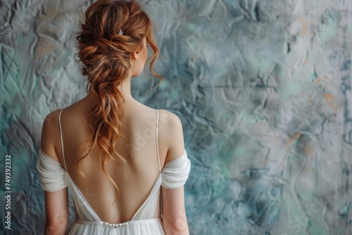 Image of breathtakingly beautiful bride on white dress stand. Generative Ai