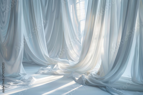 Bright and airy room filled with flowing white curtains