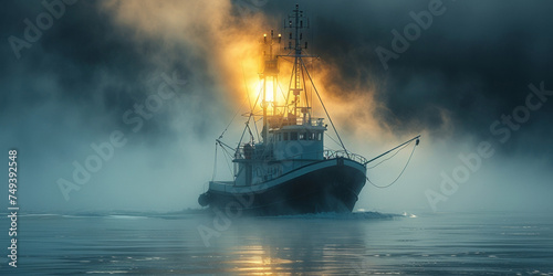 A fishing boat navigating through misty and foggy waters, showcasing the industrial and mystical aspects of maritime life.