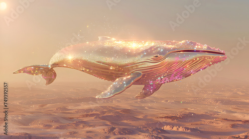 A massive golden whale is seen flying through the air in this image. The whale has a golden color with a hint of silverl. The sky above is a dusty yellow and pink color photo