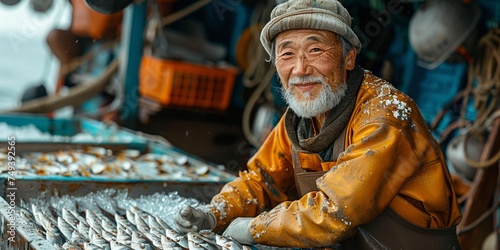 An old Asian fisherman in a grey uniform, working on a fishing boat in the rain.