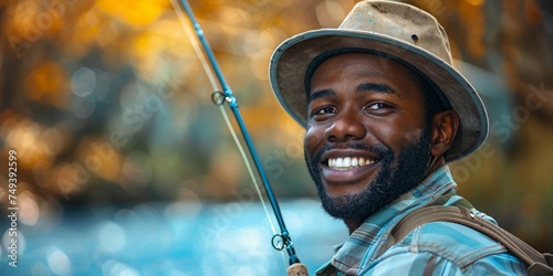A happy and handsome black man enjoying fishing by the lake during the weekend.