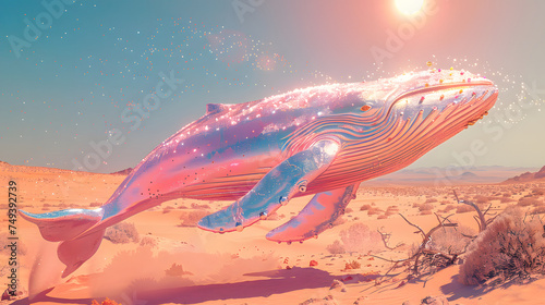 A massive golden whale is seen flying through the air in this image. The whale has a golden color with a hint of silverl. The sky above is a dusty yellow and pink color photo