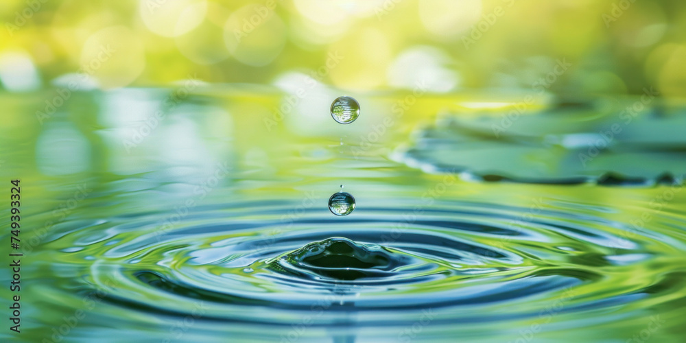 Serene nature scene with a single drop of water falling into a pond surrounded by lily pads and green leaves Serene nature scene with a single drop of water falling into a pond surrounded by lily pads and green leaves