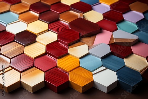 high-tech background with geometric glazed wooden of various shapes with orange, white, gold colors © anwel
